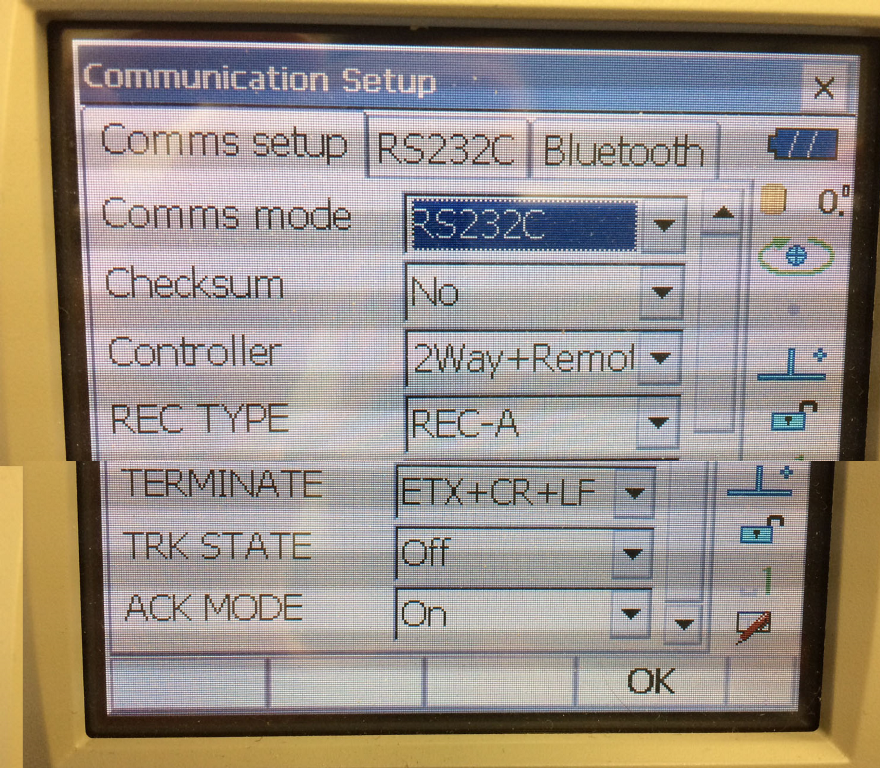 Machine generated alternative text:
Communication Setup 
Comms setup RS232C Bluetootl 
Checksum 
Confroller— 
No 
2W@/+RemoI 
RECTYPE— RE-GA 
afü 
ACICMODE 
an 
OK 